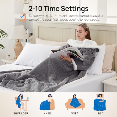 Westinghouse Wearable Heated Blanket with Foot Pocket, 50x70+18 Light Grey | Electric Snuggle Throw with Foot Pocket, Flannel Sherpa 6 Heating Levels & 2-10 Hours Auto Shut Off, Home Office Use - color: Light Grey&ivory, size: 70*50" Heated Snuggle Blanke