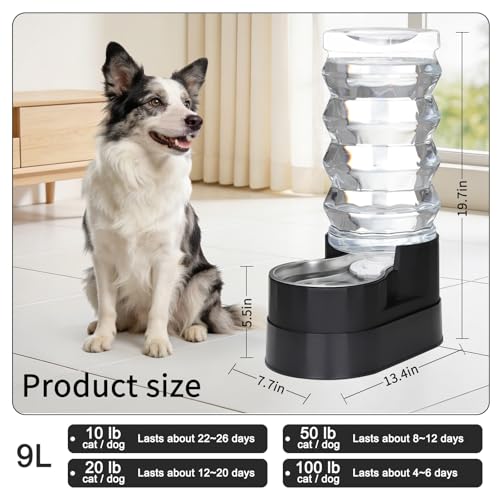 RIZZARI 9L Elevated Dog Water Dispenser: Filtered Gravity Waterer | Stainless Steel Bowl /Gravity Fed/No Power Needed/ Anti-Spill Base/Senior Dogs & Large Breeds/Indoor/Outdoor - color: Premium Black, size: 9L