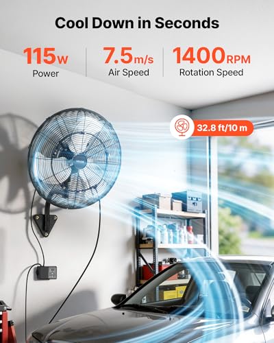 VEVOR Wall Mount Fan, 20 in Wall Mounted Hanging Fan with Oscillating & Mist, Remote, IP44-rated, 3-Speed, 18h Timer, Temperature Control, Powerful for Industry, Commercial, Garage, Workshop, Gym