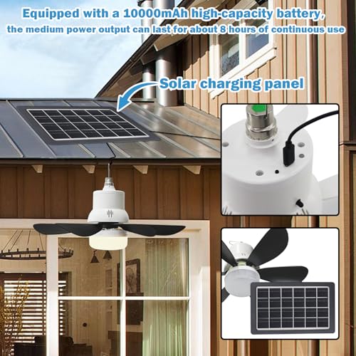 Solar Ceiling Fans with Lights Battery Built-in10000mAh Portable ,17" LED Fan Light Hanging with HookCan be timed for 2/4/8 hours, 3 Speeds with Remote , solar fans with Light for Patios, Canopy