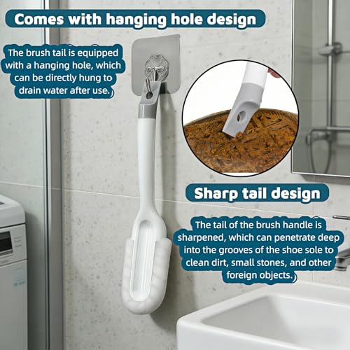 Professional Shoe Cleaning Brush Long Handle - Dual-Action Soft Bristle Shoe Scrubber for Sneakers, Leather, White Shoes | U-Shaped Head & Pointed Tip | Hanging Hole Design (White)