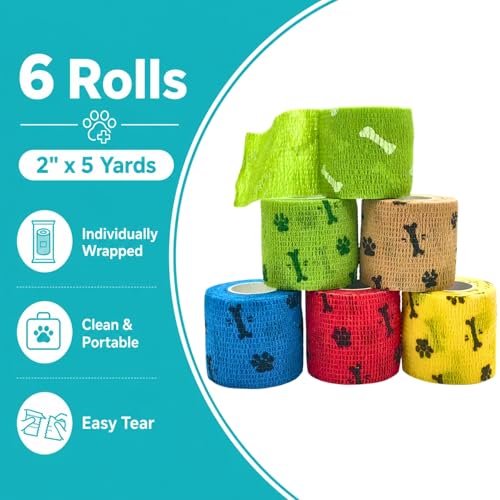Dog Bandage Wrap, 6 Rolls 2" x 5 yd Bone Print Pet Tape | Dog wrap bandage for paw & leg care, minor wounds, hotspots, broken nails, gauze pads & licking protection - color: BO-6ROLL-2IN