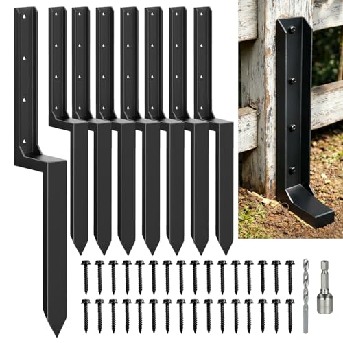 Fence Post Repair Kit Heavy Duty – Thickened Steel Fence Post Anchor Ground Spike, Fence Repair Kit Quick Fix Broken/Leaning Wood Fence Posts, Wooden Fence Post Stabilizer Stakes (8 Pack, Black) - color: 8 , Black