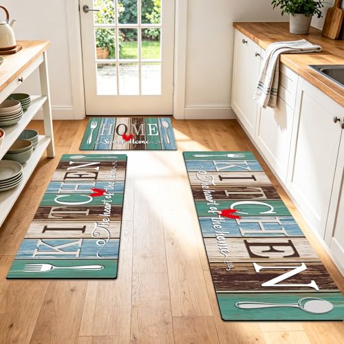 Kitchen Rugs Set 3 Piece, Non Slip Kitchen Mats for Floor, Soft Fabric with Rubber Backing, Farmhouse Anti Fatigue Runners Carpet for Home Kitchen Laundry Room Hallway (Rustic Teal Brown) - color: Rustic Teal Brown
