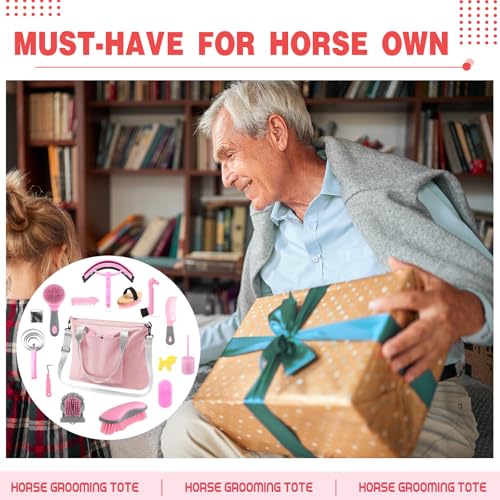 Abbylike 15 Pieces Horse Grooming Kit with Organizer Tote Bag Tack Room Supplies Horse Brush Sets Care Equine Cleaning Kit Shedding Grooming Massaging Tools(Pink and Grey) - color: Pink and Grey