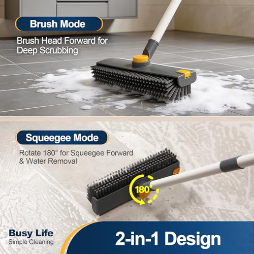Yocada Floor Scrub Brush 3 in 1 Dual-Sided Stiff Bristle Scrubber Brush | with Scrape Squeegee Indoor&Outdoor for Cleaning Bathroom Kitchen Patio Pool Garage Wall Deck 53.9"