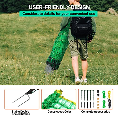 Electric Fence Netting, 49.6" H x 164' L, PE Net Fencing Kit with 14 Posts Double Spiked, Utility Portable Mesh for Sheep Goats Deer Hogs Dogs Lambs Used in Backyards Farms and Ranches, Green