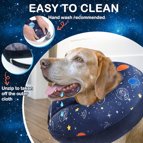 SCENEREAL Soft Dog Cone Alternative After Surgery for Large Medium Dogs | Inflatable Recovery Pillow Collar for Dogs, Adjustable Neck Donut to Stop Licking, Planet Print E-Collar, M - color: Navy Blue Planet, size: M(Neck 13"-16")