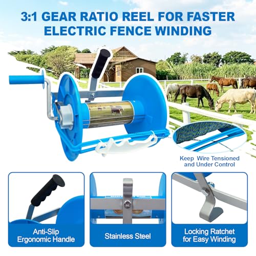 3:1 Geared Electric Fencing Reel, Integrated Wire Guide for Constant Tension & Auxiliary Unwinding Handle - Heavy Duty Farm Garden Livestock Fencing - size: 0ft x 1 Large Reel