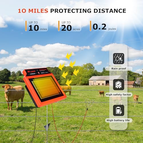 LFGS15 Solar Electric Fence Charger, 24 Hour 5 Miles Solar Charger, Portable 0.15J Energizer with Rechargeable Solar Panel for Livestock, Electric Fence Energizer - size: LFGS
