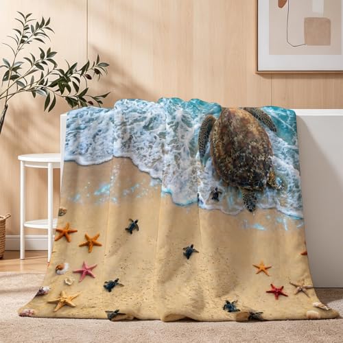 Beach Sea Turtle Family Throw Blanket, Flannel Fleece 50" x 60" | Yujiiso Beach Sea Turtle Family Blanket Lightweight Decor for Living Room, Bedroom, Office and Travel, Home Decor Gift - color: Beach Sea Turtle Family, size: 50"x60"