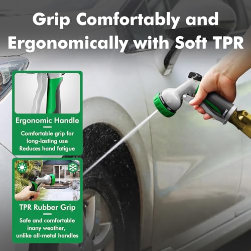 RESTMO Garden Hose Nozzle, Heavy Duty Metal Water Hose Nozzle with 7 Adjustable Spray Patterns, High Pressure Hand Sprayer with Flow Control for Watering Plants & Lawns, Washing Cars & Pets - color: Green