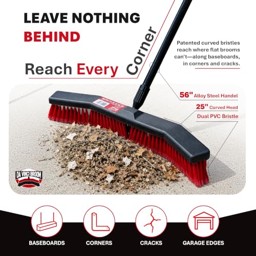 Da Vinci Heavy Duty Outdoor Push Broom, 25-Inch Head, 64" Length | 3-piece alloy steel handle, soft & stiff PVC bristles, sweeps garage, patio, concrete, tile & hardwood floors