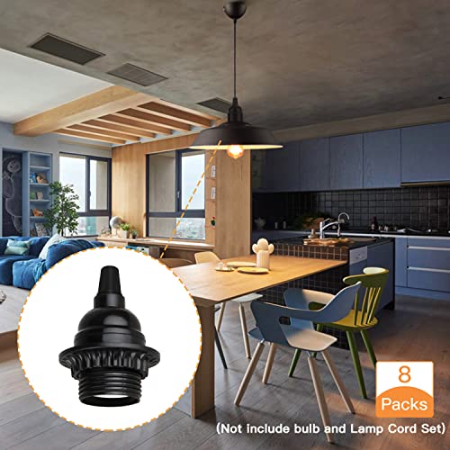 8 Pack E26 E27 Light Sockets, Black Threaded Keyless Lamp Socket | Medium Screw Base Lamp socket Replacement with Shade Ring, Retro Style E26 DIY Light Bulb Sockets Cover Pendant Lamps Holder