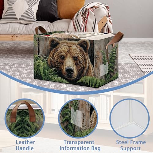 Vintage Bear Wooden Storage Baskets,Ferns Plants Foldable Large Capacity Organizer Bins with Waterproof Lining and Leather Handles for Closet, Shelf, Bedroom 17x11.5x10Inch - color: Vintage Bear Wooden Ferns Plants