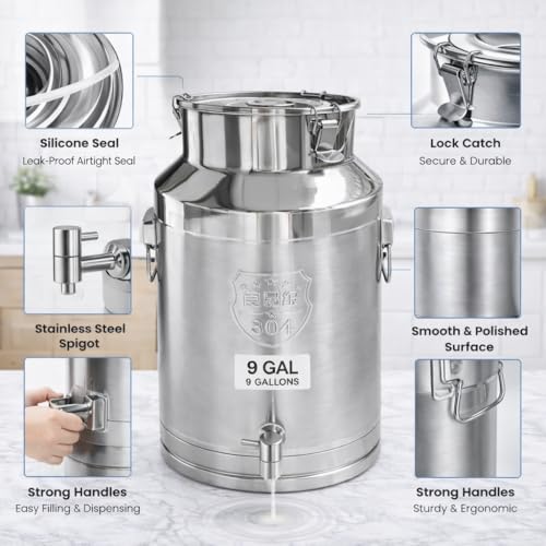 9.3 Gallon 304 Stainless Steel Milk Can with Lid, Heavy Duty Sealed Milk Bucket, Large Metal Storage Container for Milk, Wine, Oil, Water - size: 9.3 Gallon