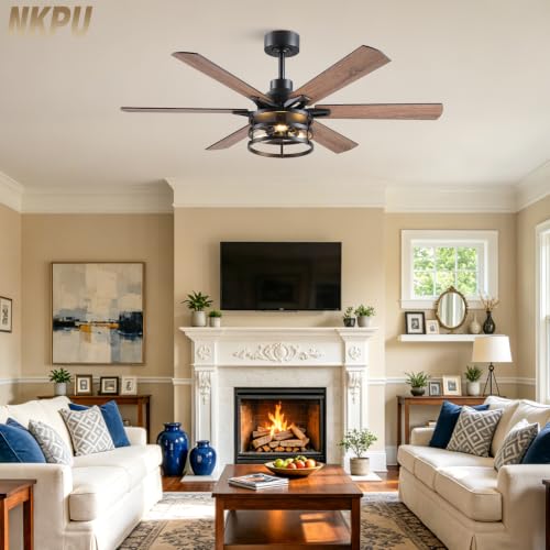 NKPU 52 Inch Farmhouse Ceiling Fan with Light and Remote, Brown Industrial Caged Rustic Ceiling Fan with 6 Speed - color: walnut