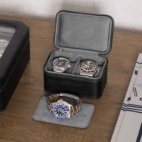 ROTHWELL 2 Watch Travel Case for Men | Compact PU Leather Protective Box with Microsuede Interior | Fits Watches & Smartwatches Up to 55mm (Black/Grey) - color: Black / Grey