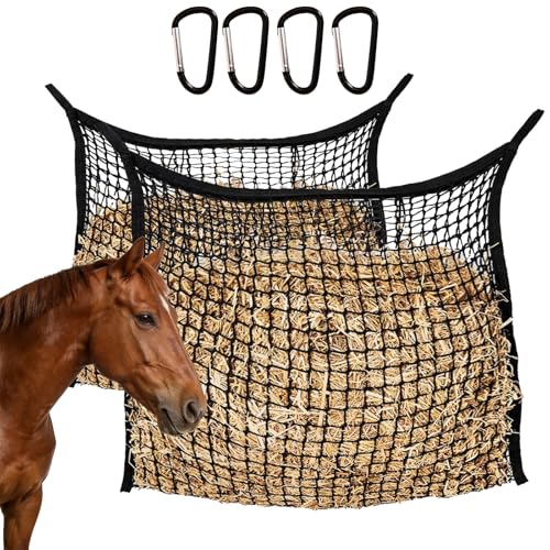 2 Pack Slow Feed Hay Nets for Horses, Goats and Cattle | Durable nylon slow-feeding bags hold forage for horses, goats, and cattle in stalls, paddocks, trailers, and stables.