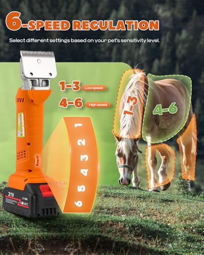 Cordless Horse Clippers for Ponies, Cattle & Large Dogs | Includes 2x 21V 4Ah Lithium Batteries & 6-Speed Adjustment. Professional Cordless Kit for Heavy-Duty Livestock Grooming
