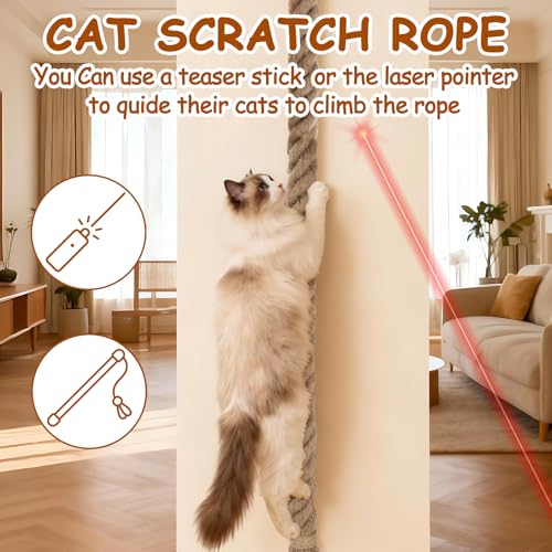 2" x 4.92Ft Cat Climbing Jute Rope with Hook for Wall Mounting | Thick Sisal Material, Ceiling Hanging Option, Heavy Duty Scratching Post Alternative, Indoor Outdoor Active Gym for Kittens - size: 59 IN(1.5M)