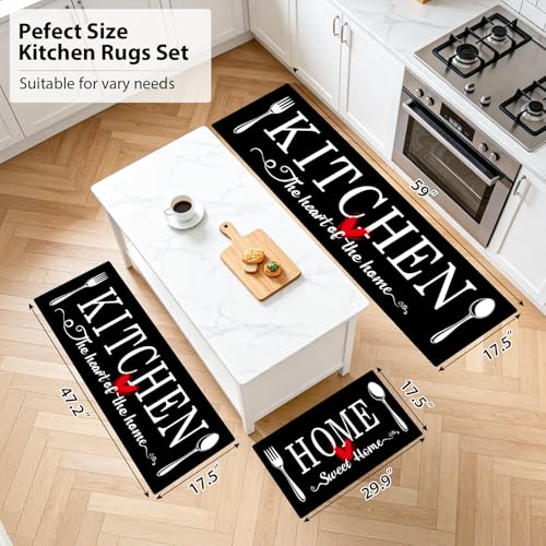 Kitchen Rugs Set 3 Piece, Non Slip Black Kitchen Mats for Floor, Soft Fabric with Rubber Backing, Farmhouse Anti Fatigue Runners Carpet for Home Kitchen Laundry Room Hallway (Black) - color: Black