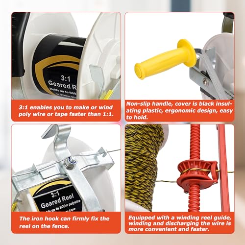 3:1 Geared Electric Fencing Reel, Electric Fence Wire Reel, with Auxiliary Winding Handle, Suitable for Building Farm Fences - size: 0 ft x 1 standard reel x 1 guide