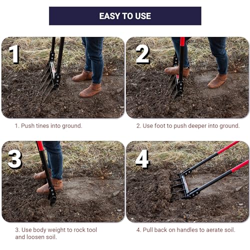 5-Tine Broadfork, Fiberglass Handles, 56" 10-Gauge Steel Fork | Heavy Duty Broad Fork for Tilling, Aerating and Turning Soil, Useful for Garden Beds and Pavers Base Prep, 100% Made in USA