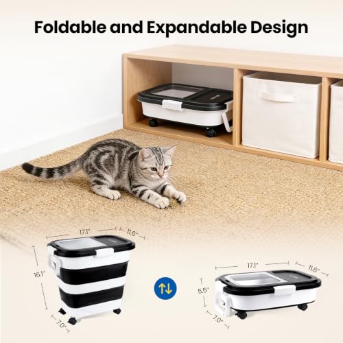 Dog Food Storage Container 30-40lbs, Airtight Pet Food Bin w/ Clear Window | Collapsible Rolling Storage Container with Wheels and Scoop; Black - color: Black-L