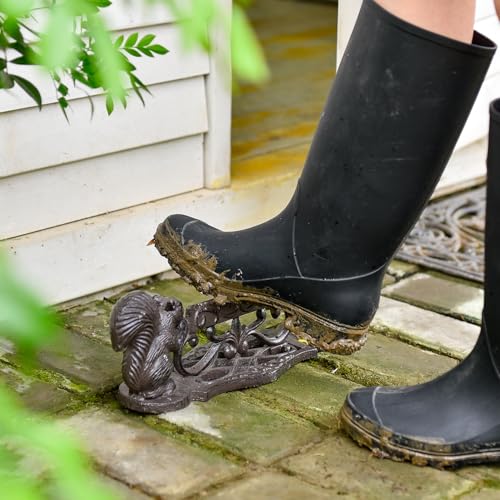 Sungmor Cast Iron Boot Scraper, Rustic Black Squirrel Boot Cleaner | Garden Front Door Entrance Shoe Scrubber Mat, Farmhouse Outdoor Patio Decorative Mud Cleaner