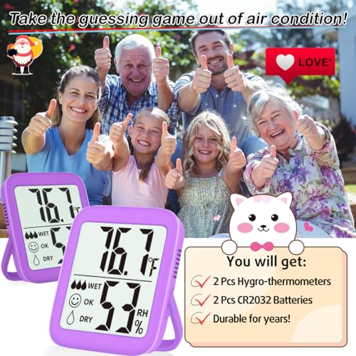 Antonki 2 Pack Room Thermometer Indoor Hygrometer | Monitor Temperature & Humidity, Accurate, Fast Read, Easy To View, Magnetic/Kickstand/Hanging, ℉/℃, w/ Battery, Compact - color: 2 Pcs* Lavender Purple