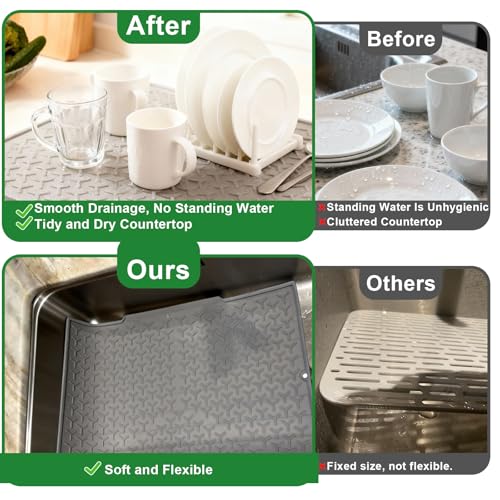 Silicone Dish Drying Mat,14"x10" Dish Drying Pad for Kitchen Counter or Sink,Non-Slip Drain Pad with Built-in Drain,Easy to Clean and Storage,Reusable