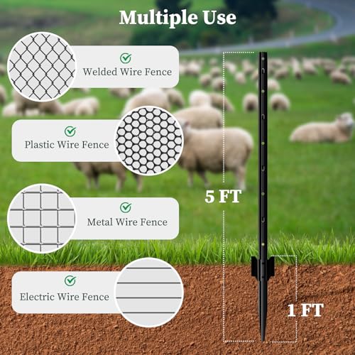 Metal Fence Posts for Wire Fencing,Heavy Duty U Post 5 FT Black | 10 Packs Rustproof Powder-Coated Steel Fence Stakes, No-Dig Fence Posts for Farm, Orchard, Yard & Temporary Fencing - color: Black, size: 5FT-10P