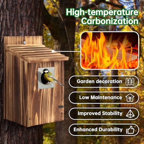 UUMENHA 2 Pack Bird Houses for Outside with Metal Predator Guard | Carbonized Wooden Nesting Boxes for Outdoor, Sturdy Bird House for Bluebird Wren Swallow Finch, ,Easy to Clean