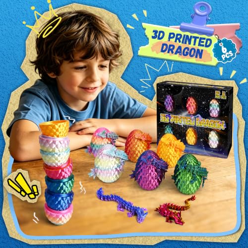 Impossmaker 6pcs 3D Printed Dragon Eggs | Cool Articulated Crystal Dragon Toys for Boys Kids Teen, Surprise Dinosaur Eggs for Party Favors, Fun Goodie Bag Stuffers - style: 6P-S1