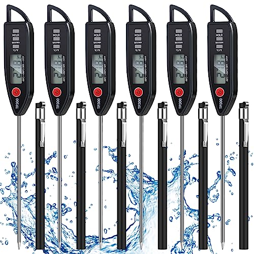 6 Set Digital Food Thermometer Long Probe Instant,Black | Waterproof for Water Liquid Candle, Instant Temperature Read for Kitchen BBQ Grill Candy Meat, Foldable Probe Thermometer - color: Black