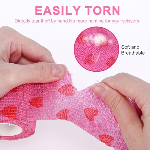 48 Pack Self Adhesive Bandage Wrap, 2” x 5 Yards Cohesive Medical Tape Elastic Grip Tape Black Sports Tape Athletic for Ankle, Wrist Sprains, Pet First Aid (Pink-Heart) - color: Pink-heart