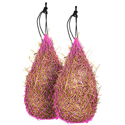 Majestic Ally 2 pcs Slow Feed 42” Hay Net for Horses, Strong Small 2x2” Holes, Nylon Rope Hanging, Adjustable Travel Feeder for Trailer and Stall, Simulates Grazing, Reduce Waste - color: Pink