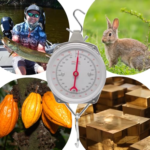 Hanging Spring Dial Scale, 440lbs/200kg Capacity, Fish Scales Digital Weight, Large Food Weighing Scale with 2 S-Hooks for Mechanical Kitchen Fishing Hunting, Big Game Scale - size: 440 lbs