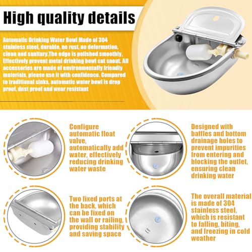 Automatic Animal Drinking Water Bowl with Float Valve and Drainage Hole 304 Stainless Steel Feeder Trough Dispenser Waterer Livestock Water Trough Suitable for Pet Dog Horse Cattle Goat Sheep（Dia 9in） - style: 2.5L-1pc