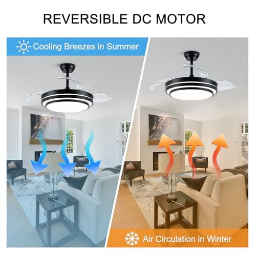 42 Inch Retractable Ceiling Fan with Lights Fandelier Ceiling Fan | Modern Black Fandalier Ultra Thin Chandelier LED Light for Bedroom Living Room, 3CCT Reversible Quiet DC Motor 6 Speeds - color: 4204-Black