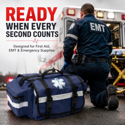 NOVAMEDIC NM-RO63P Professional First Responder Bag, 17” x 9” x 7” Empty EMT Trauma Kit Carrier with Removable Dividers, Reflective Strips, Water-Resistant Base for Emergency Medical Supplies (Blue) - color: Blue