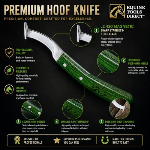 Right-Hand Straight Blade Hoof Knife with Rhino Hook, J2 420 Magnetic Stainless Steel, Ergonomic Green Handle, Farrier Horse Hoof Trimming Tool for Sole & Frog Paring