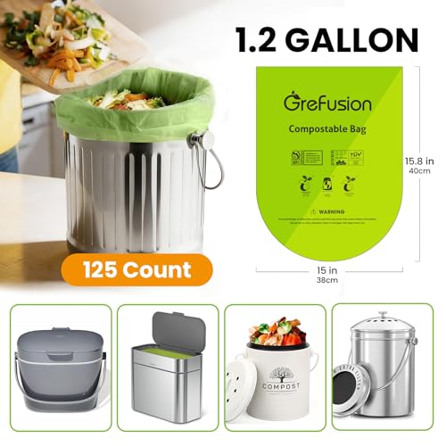 GreFusion Compostable Bags 1.2 Gallon,125 Count, Fits 0.75,1,1.2,1.3,1.6,1.8 Gallon Countertop Bin, Small compost bags, Certified by BPI, ASTM D6400 and OK Compost - color: 1.2G-125Count