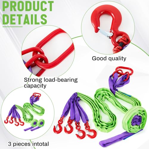 3 Pcs 6.6 ft Polyester Lifting Straps Set - Four Leg Bridle Web Sling & 2 Endless Round Slings Rigging Straps for Hoist, Engine, Crane, Machinery Moving & Tree Stump Removal 6600 lbs Capacity