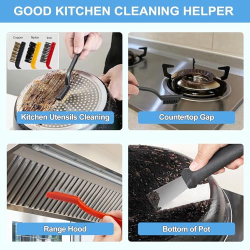 12Pcs Crevice Cleaning Brush Set, Hard Bristle Multi-Purpose Household Cleaning Tools for Kitchen Bathroom Tile Grout Window Track, Bamboo Pot Brush + Copper Wire Brush + Scraper