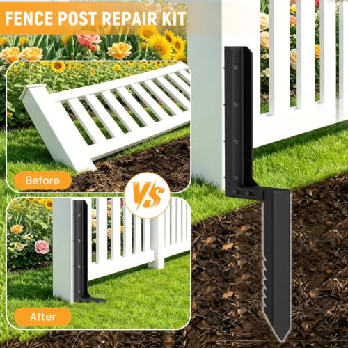 2PCS Fence Post Repair Kit with Serrated Design & Adjustable Width | Heavy Duty Black Coated Anchor Ground Spike for Repair Tilted or Broken 4x4/6x6 Wooden Posts