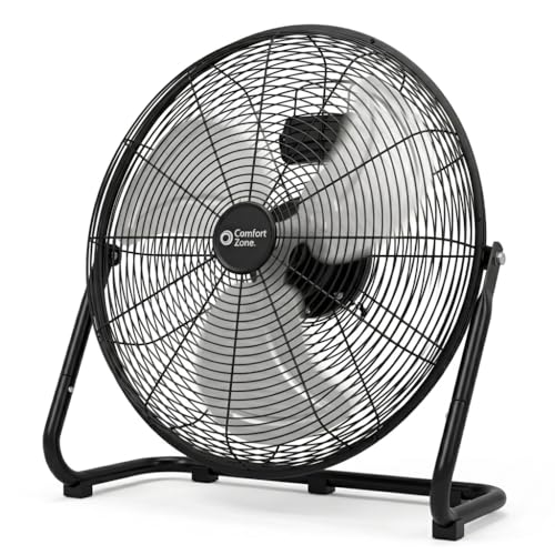 Comfort Zone 20-Inch High-Velocity Industrial Floor Fan, Heavy-Duty 3-Speed Metal Shop Fan with 180° Adjustable Tilt & Carry Handle, Quiet Vibration-Free Cooling for Garage, Workshop, & Home - size: 20"