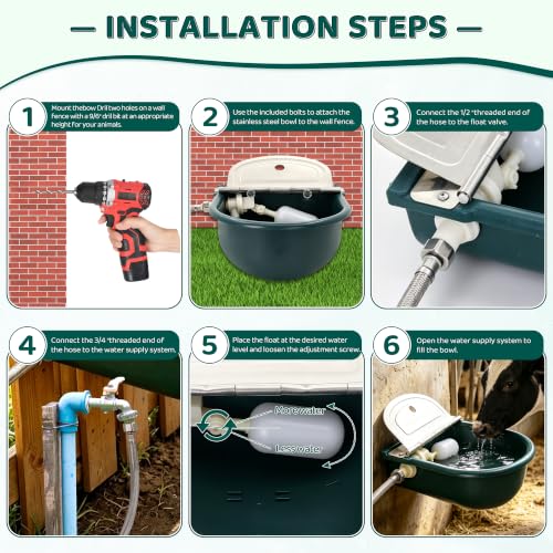 Automatic Water Bowl Livestock Waterer for Horse Cattle Goat Sheep Dog | 4L Large Plastic,Sheep Water Trough Bowl With Drainage Hole&39.37 inch Pipe,Float Valve Auto Refill,Yard Farm Outdoor Use