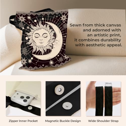 Cute Canvas Tote Bag for Women, Book Totebag with Zipper Pocket - color: Sun and Moon